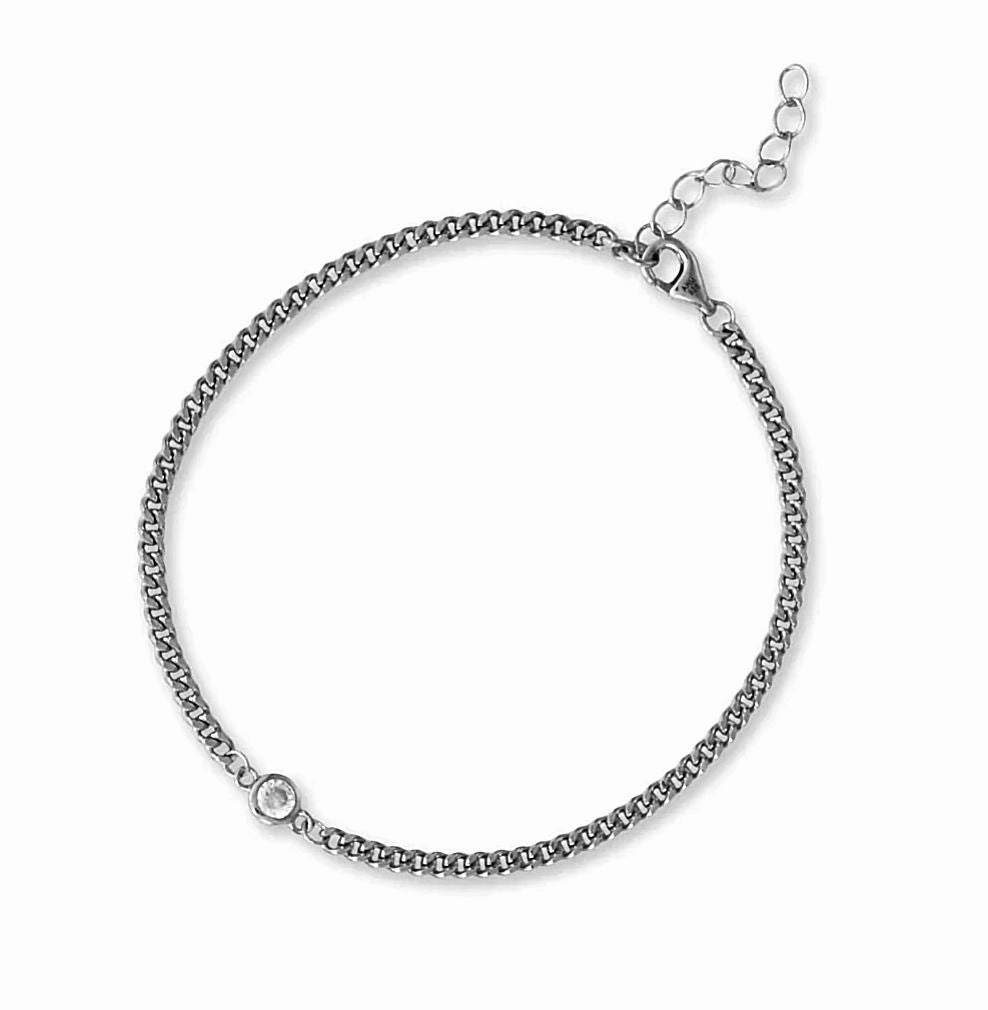 Curb Chain Bracelet with Cubic Zirconia Rhodium on Sterling Silver, Adjustable Exquisite Style Everyday Shine