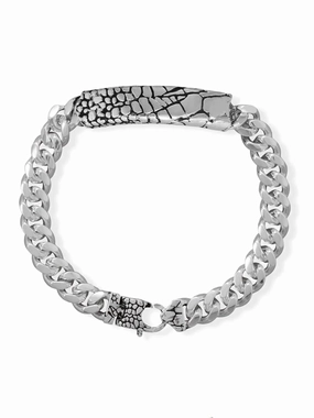 Mens Lizard Skin Pattern ID Curb Chain Bracelet 8.5-in Sterling Silver Sparkling Edge Fashion Glow