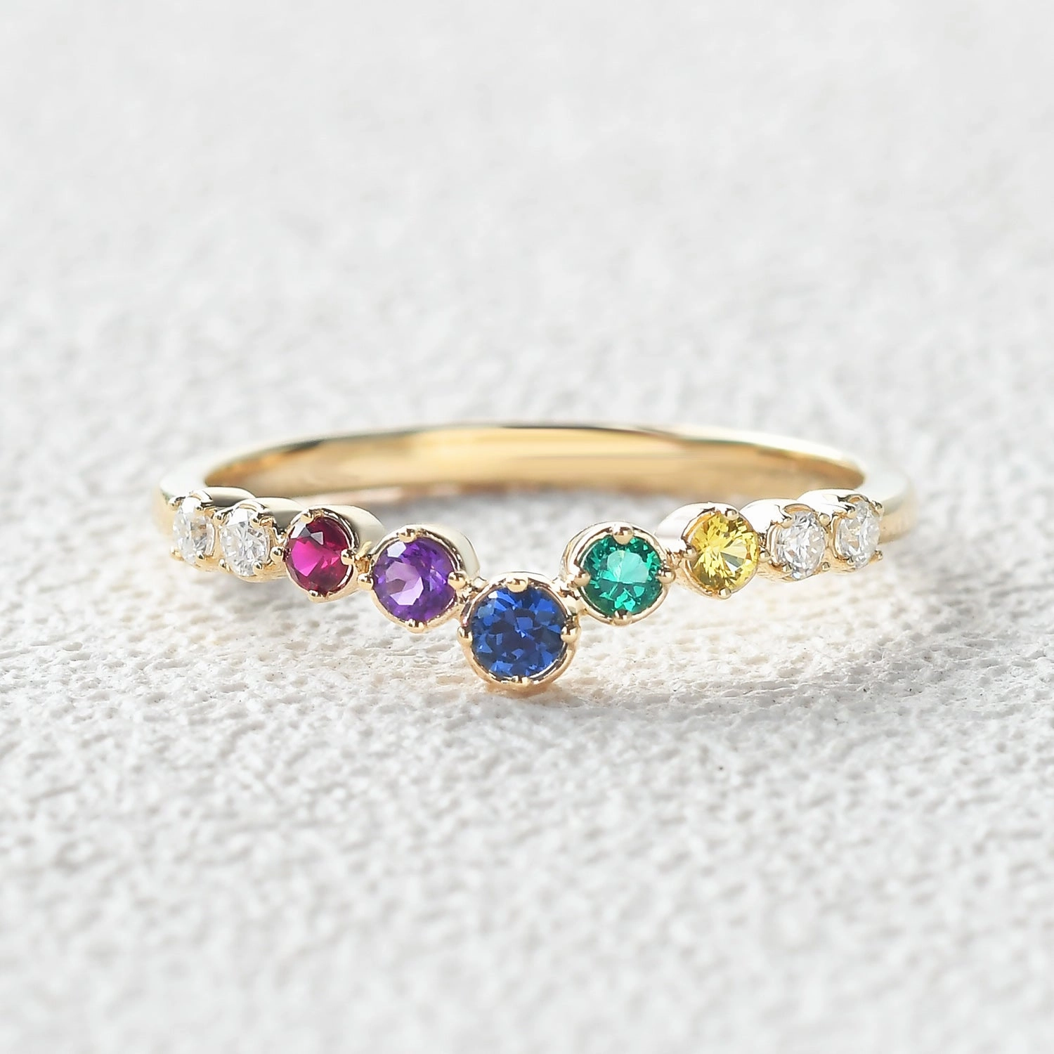 shiny accents Curved V Shaped Rainbow Lab Sapphire Gemstones Yellow Gold Ring