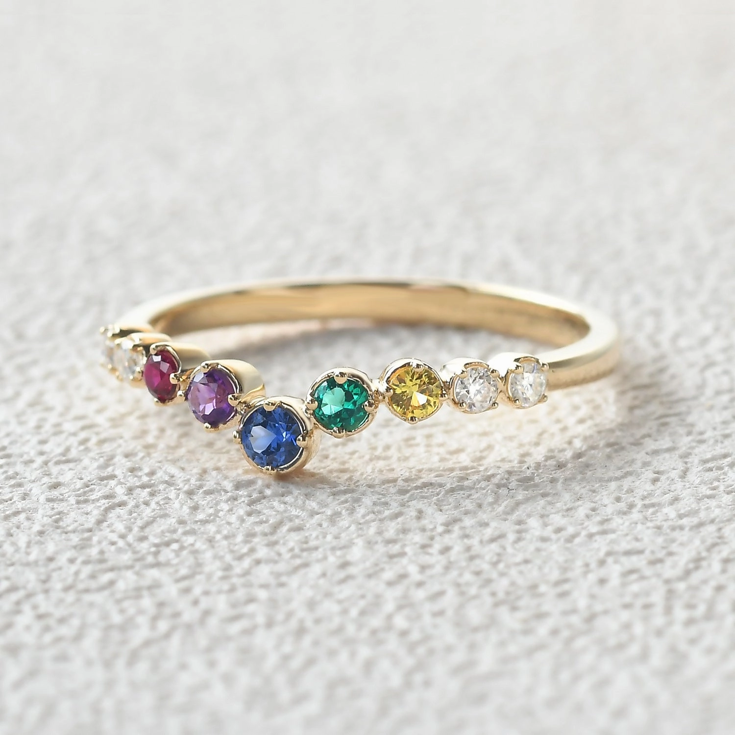Curved V Shaped Rainbow Lab Sapphire Gemstones Yellow Gold Ring Luxury Contour