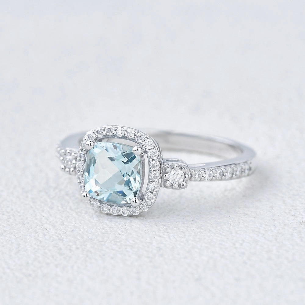 Statement Layer Cushion Cut Aquamarine White Gold Ring