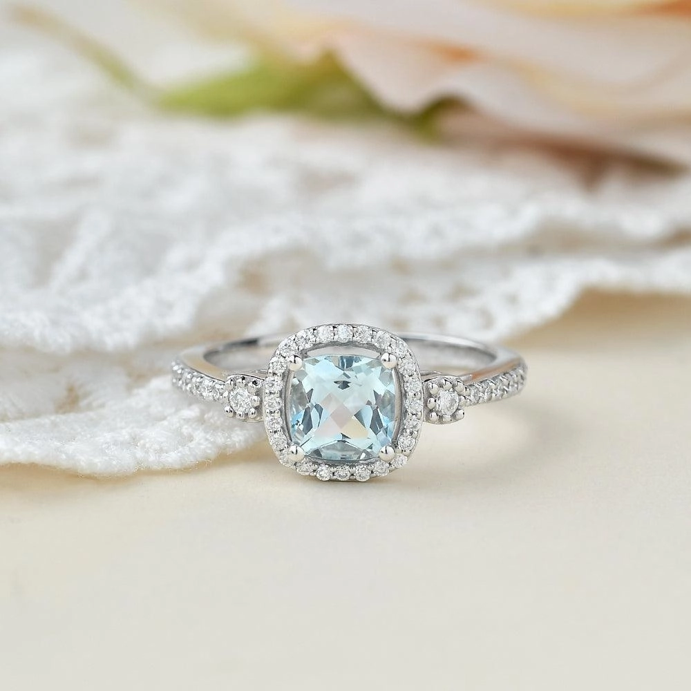 Special Occasion Handmade Elegance Cushion Cut Aquamarine White Gold Ring