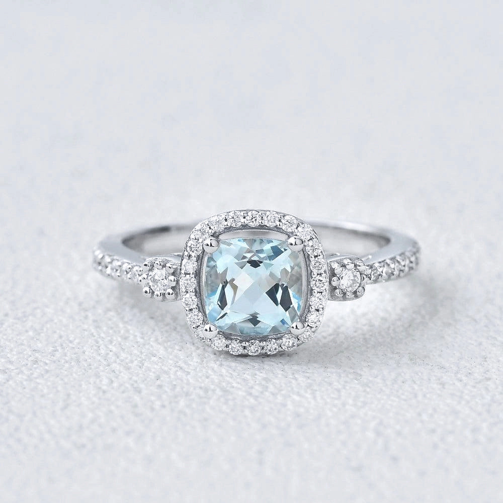 Cushion Cut Aquamarine White Gold Ring Bold piece Eye Catching