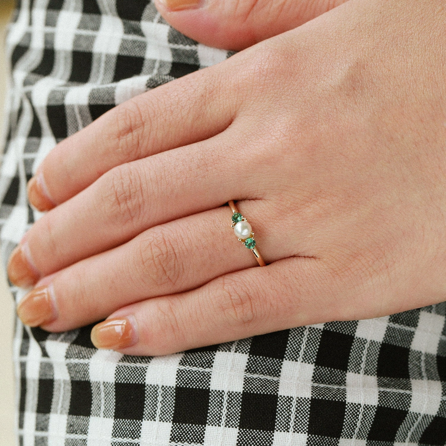 elegant design Akoya Pearl & Emerald Rose Gold Ring