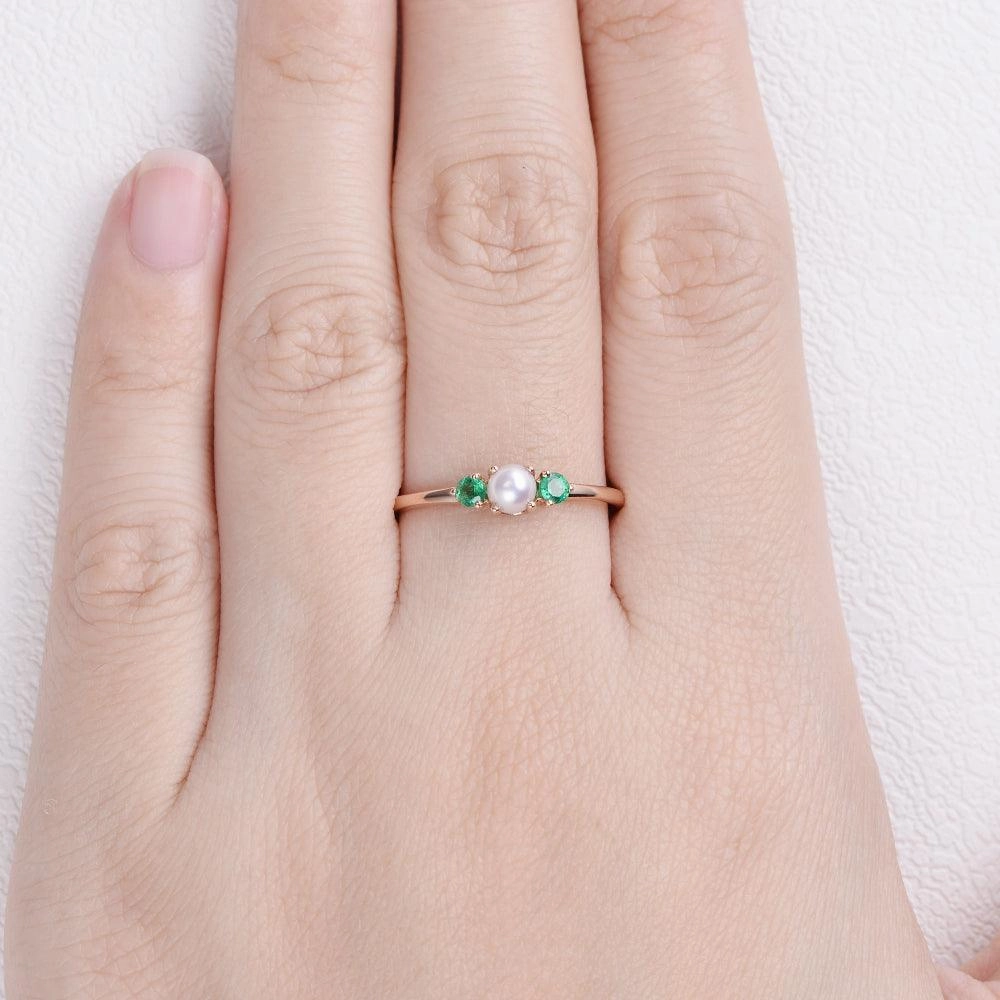 Polished Glam Akoya Pearl & Emerald Rose Gold Ring