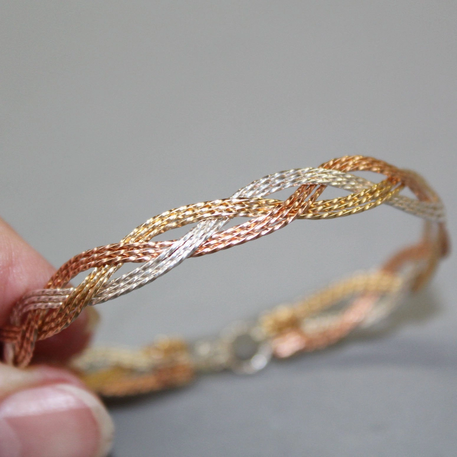 9-strand Tricolor Braid Rose Yellow & Silver Twist Wire Woven Bracelet Copper Tones Emerald Rank