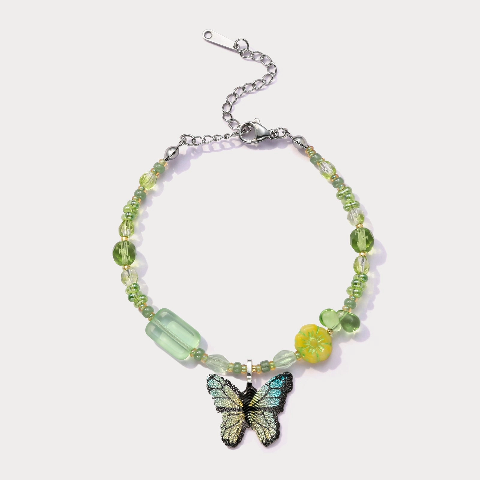 Layered Look Czech Bead Green Butterfly Bracelet