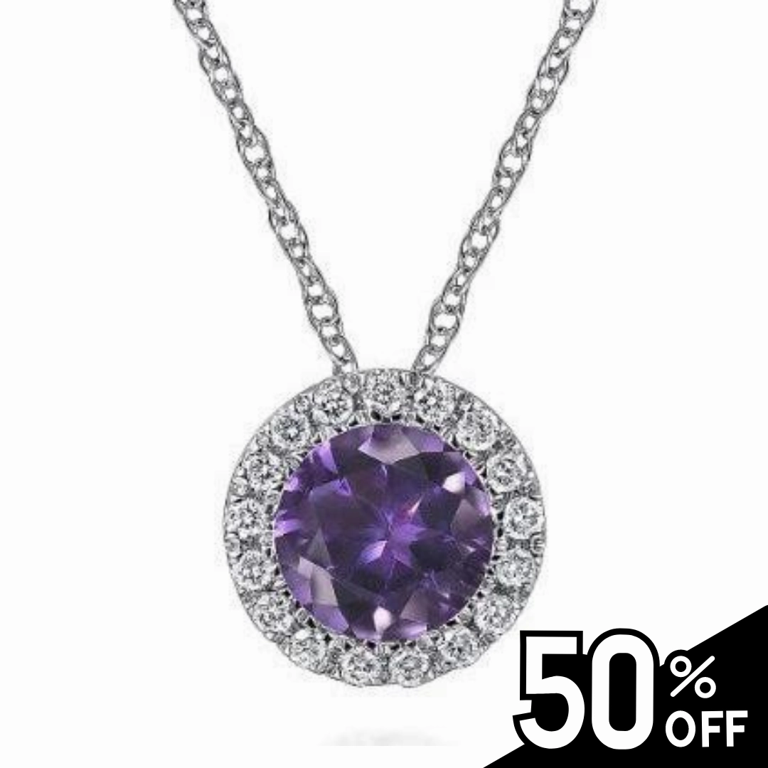 14K White Gold Amethyst and Diamond Halo Pendant Necklace Romantic Glow