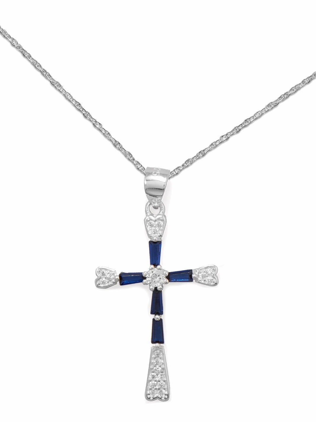 Dark Blue and Clear Cubic Zirconia Cross Necklace with Rope Chain - Nontarnish Model Ready Glamorous Edge