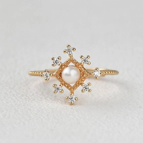 Akoya Pearl Vintage Inspired Yellow Gold Ring Luxurious Finish