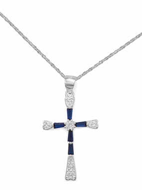 Dark Blue and Clear Cubic Zirconia Cross Necklace with Rope Chain - Nontarnish Favorite Accent Everyday Gift