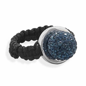 Artistic Mark Soft Finish Look Dark Blue Pave Crystal Ball Ring with Black Macrame Band Sterling Silver
