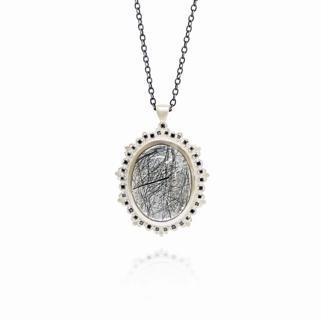 For College OOAK Rutilated Quartz Pendant - Black Diamonds