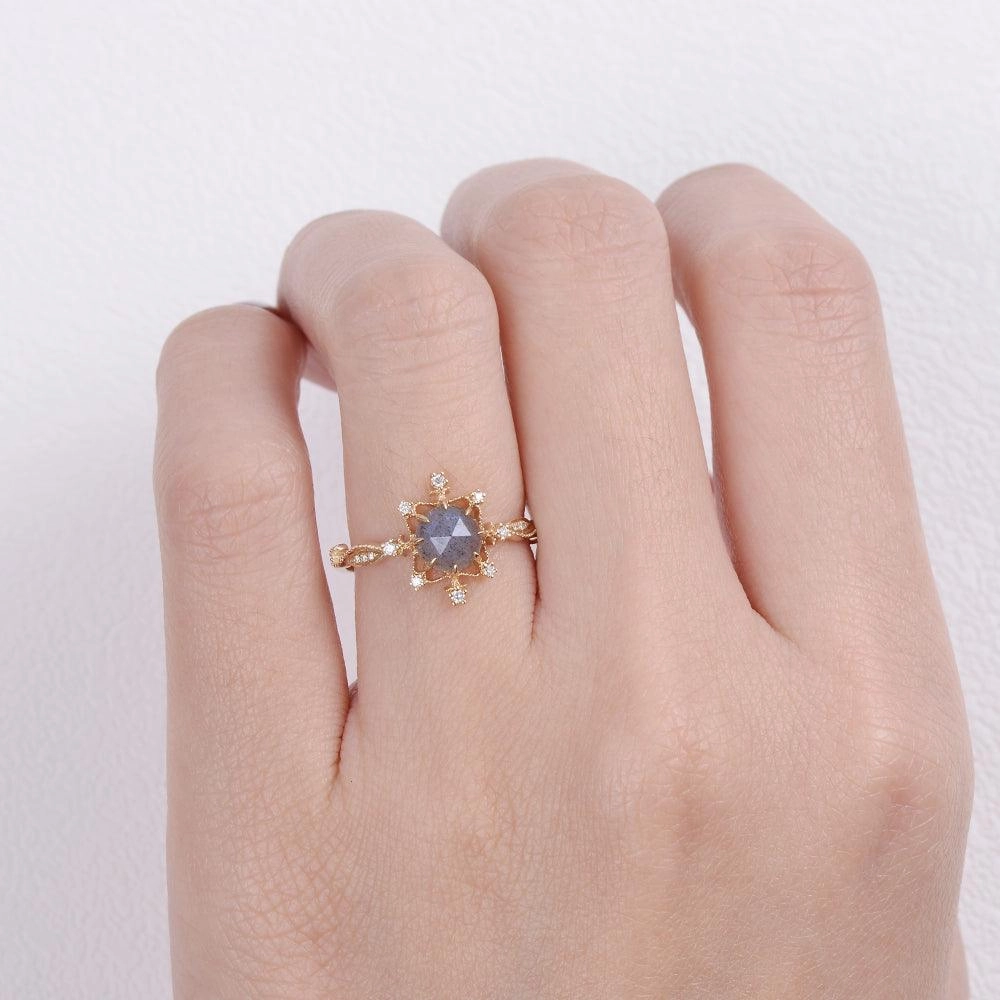 Modern Style Labrodorite & Moissanite Yellow Gold Stacking Ring