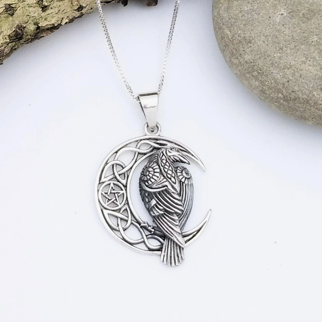 Evening Glam Fresh Touch Celtic Sterling Silver Moon And Raven Pendant
