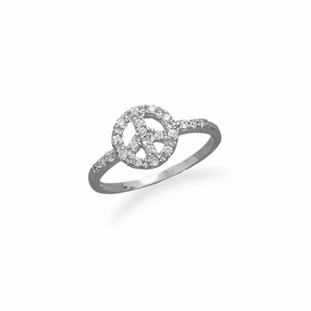 Peace Sign Ring with Cubic Zirconia Rhodium on Sterling Silver, 6 Glitzy Accessory Natural Source