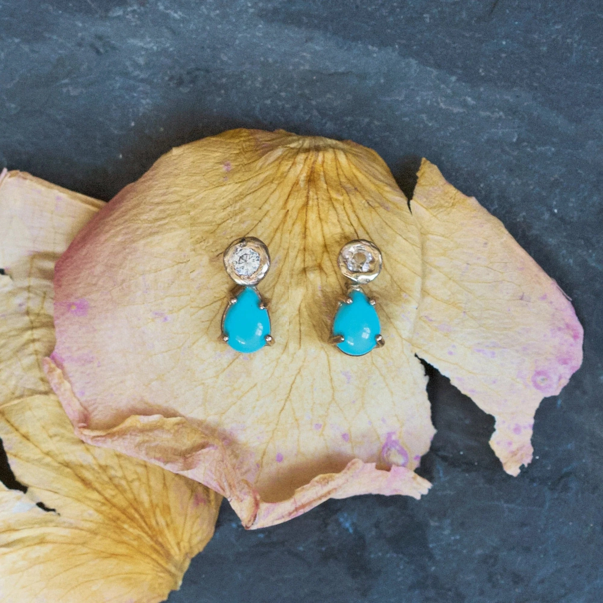 Dearest Earrings - 14k Gold, Turquoise   White Sapphire Contemporary Decor Sparkling Trinket