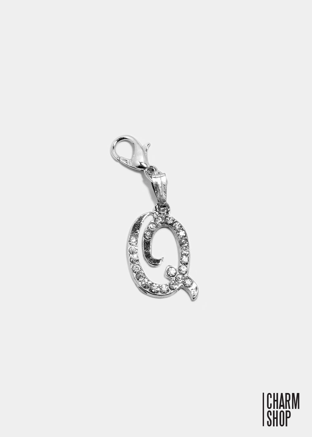 Unique Vibe Luxury Tone Silver Clear Italic Initial Q Dangle Charm