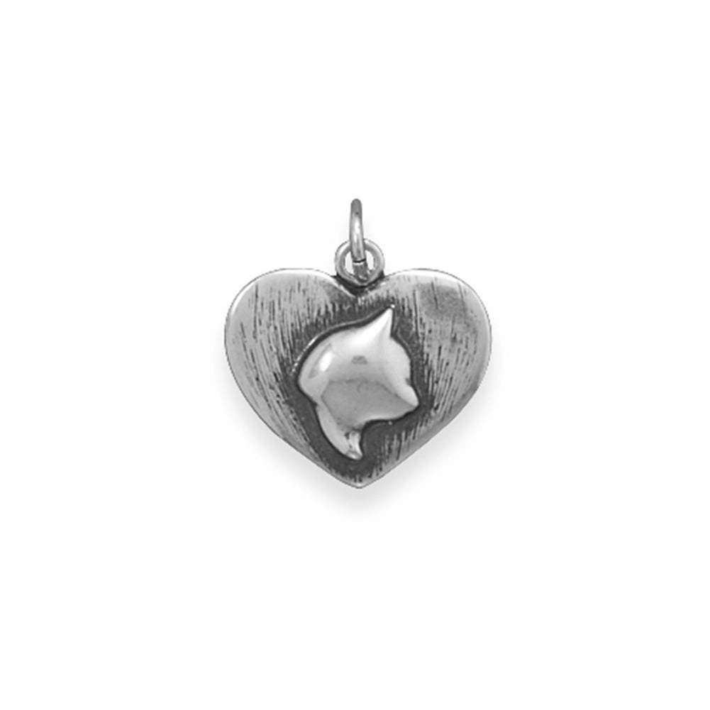 Heart with Cat Charm Antiqued Sterling Silver Classic Detailing Artisan Detail