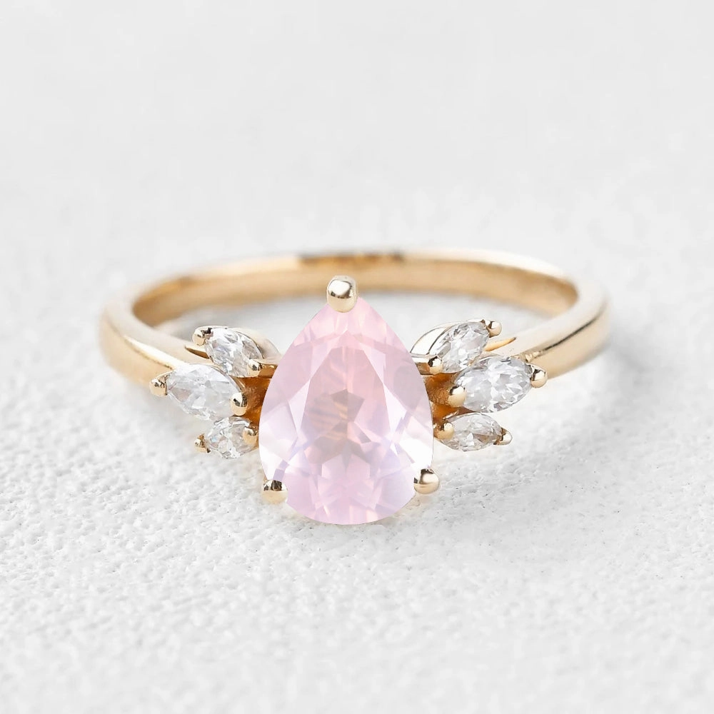 Trend Forward Elegant Beauty 1.5ct Pear Shaped Rose Quartz Butterfly Cluster Ring