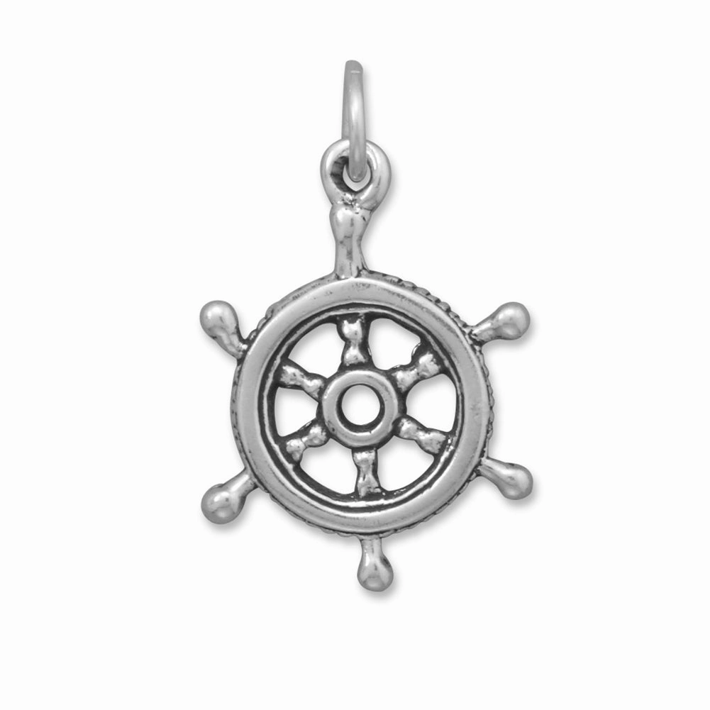 Ships Helm Charm Sterling Silver Antiqued Finish Glossy Accent