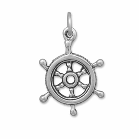 Ships Helm Charm Sterling Silver Antiqued Finish Glossy Accent