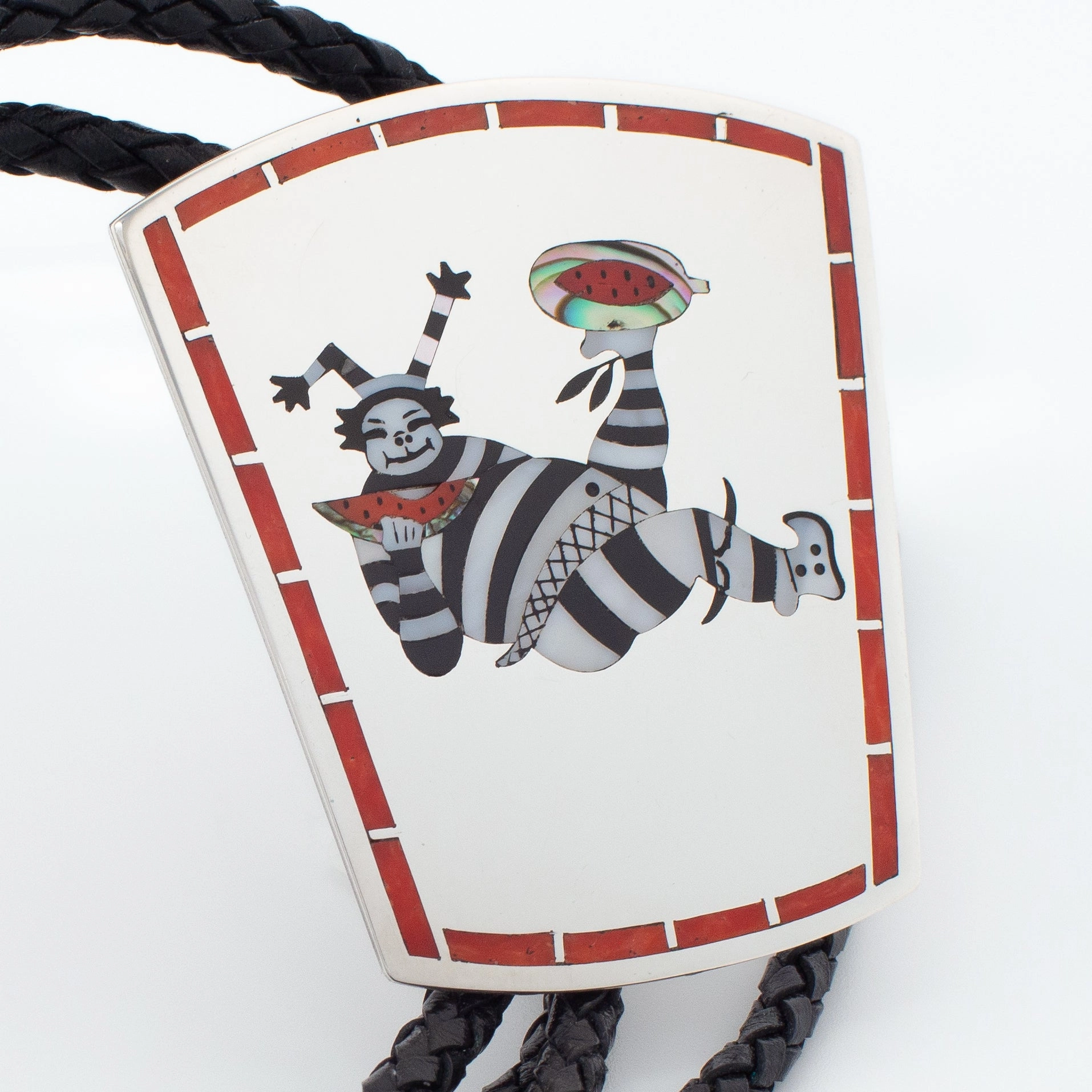Brilliant Detail Dennis Edaakie Zuni Handmade Sterling Silver Koshare Clown Inlay Bolo Tie