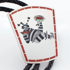 Brilliant Detail Dennis Edaakie Zuni Handmade Sterling Silver Koshare Clown Inlay Bolo Tie