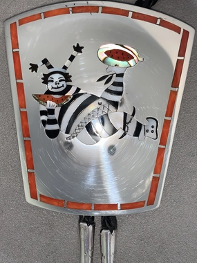 Dennis Edaakie Zuni Inlay Sterling Silver Koshare Bolo Flat Lay Subtle Pop