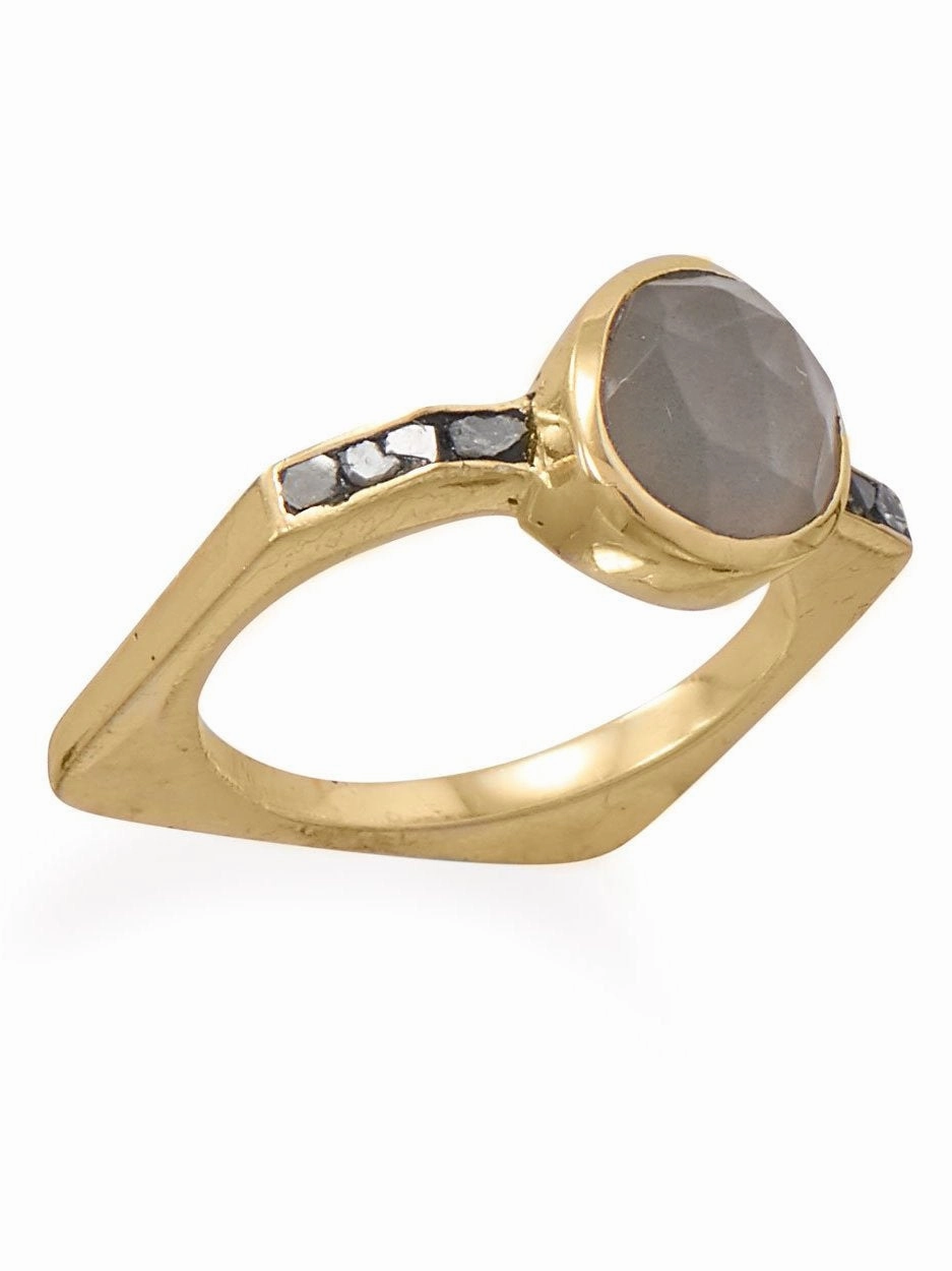 Coordinated Group Diamond Chip and Gray Moonstone Ring Square Band Gold-plated Sterling Silver