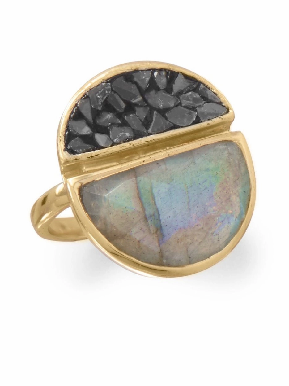 Classic Aesthetic Diamond Chip and Labradorite Ring Split Style Gold-plated Sterling Silver