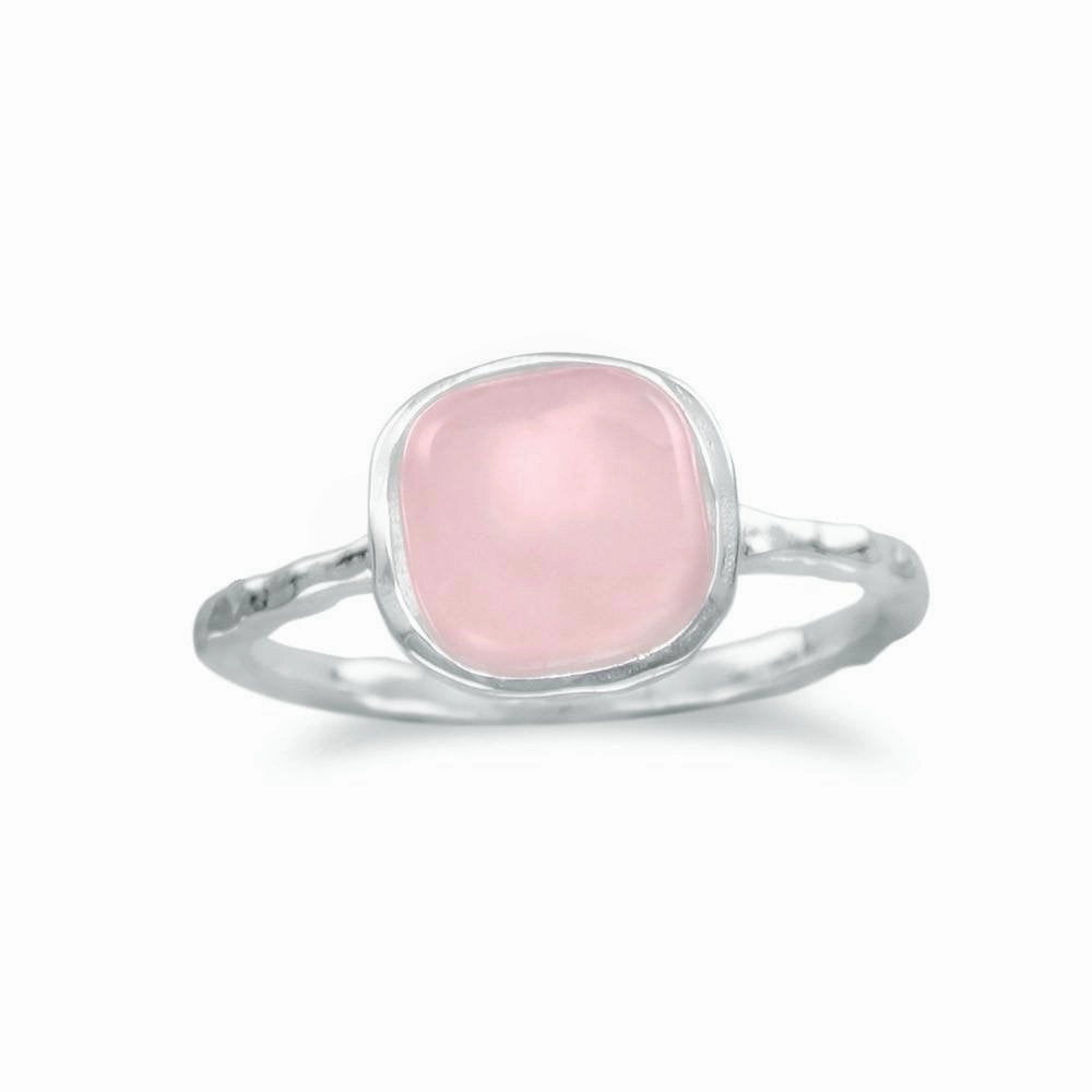 Cool Finish Glamorous Object Stackable Ring Dyed Rose Quartz Sterling Silver Square Shape Hammered Texture