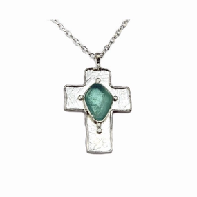 Luxury Look Ancient Roman Glass Cross Necklace Sterling Silver with 18-inch Chain