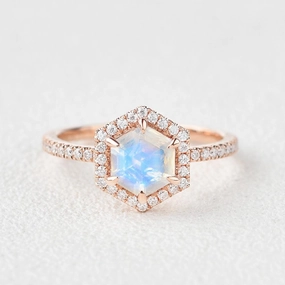 Feminine Edge Hexagon Moonstone & Moissantie Halo Ring
