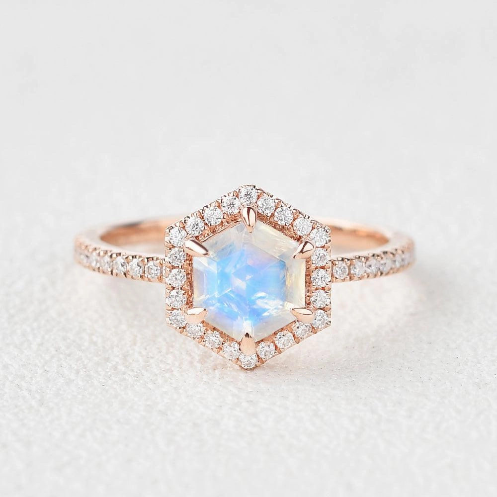 Feminine Edge Hexagon Moonstone & Moissantie Halo Ring