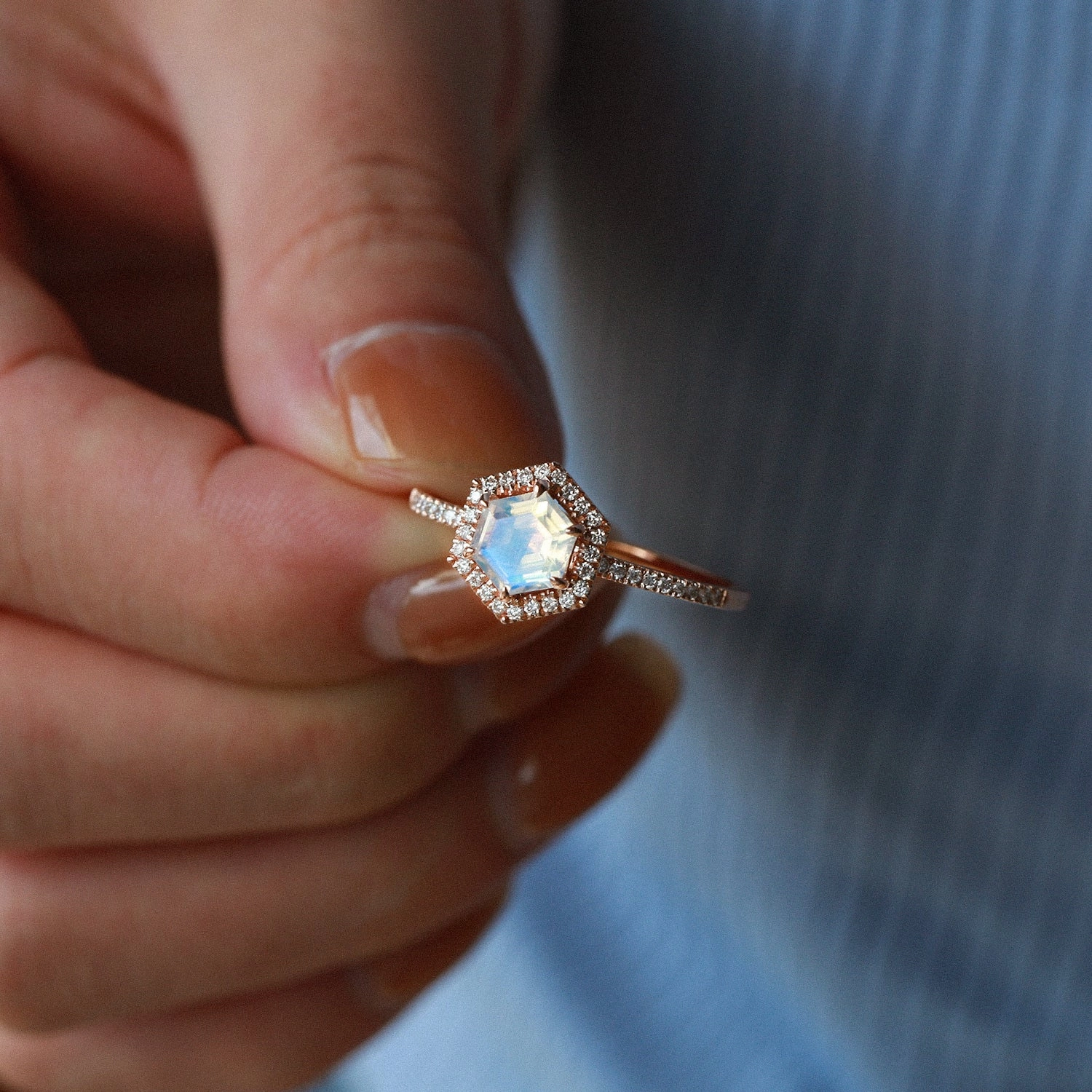 Hexagon Moonstone & Moissantie Halo Ring Smooth Finish Graceful Fit