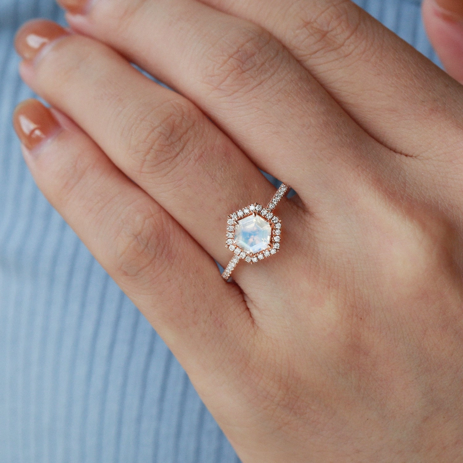 Formal Accent Hexagon Moonstone & Moissantie Halo Ring