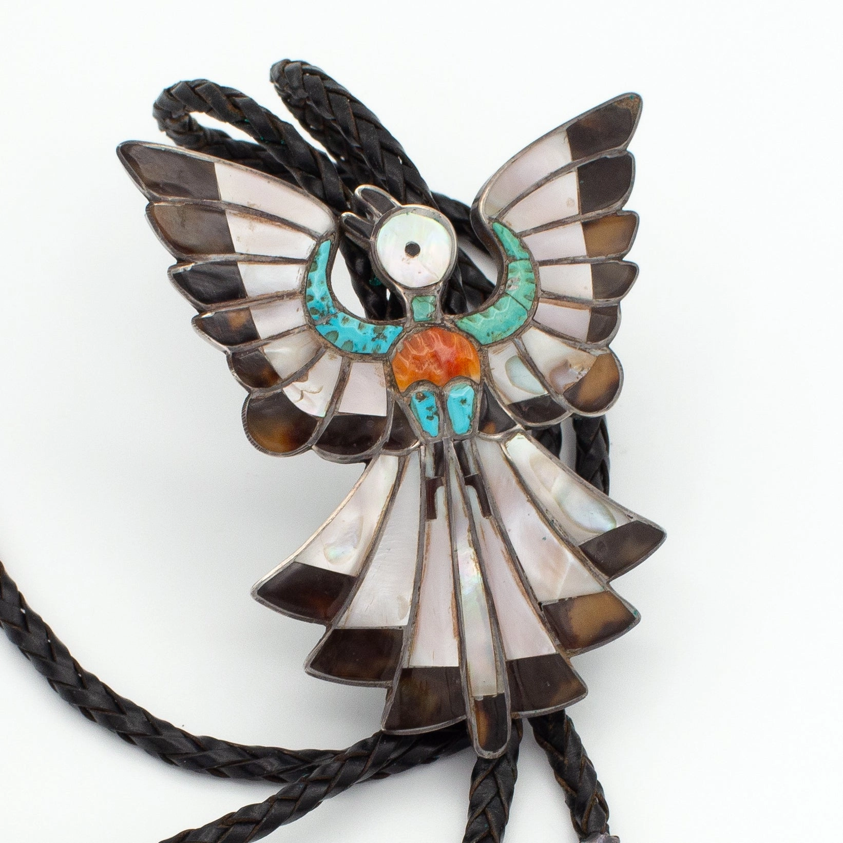 Dixon Shebala Zuni Handmade Sterling Silver Multi-Inlay Bolo Tie Natural Look