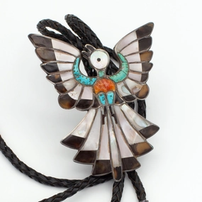 Dixon Shebala Zuni Handmade Sterling Silver Multi-Inlay Bolo Tie Natural Look