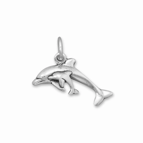 Dolphin with Baby Calf Sterling Silver Antiqued Finish Multi Purpose Radiant Texture