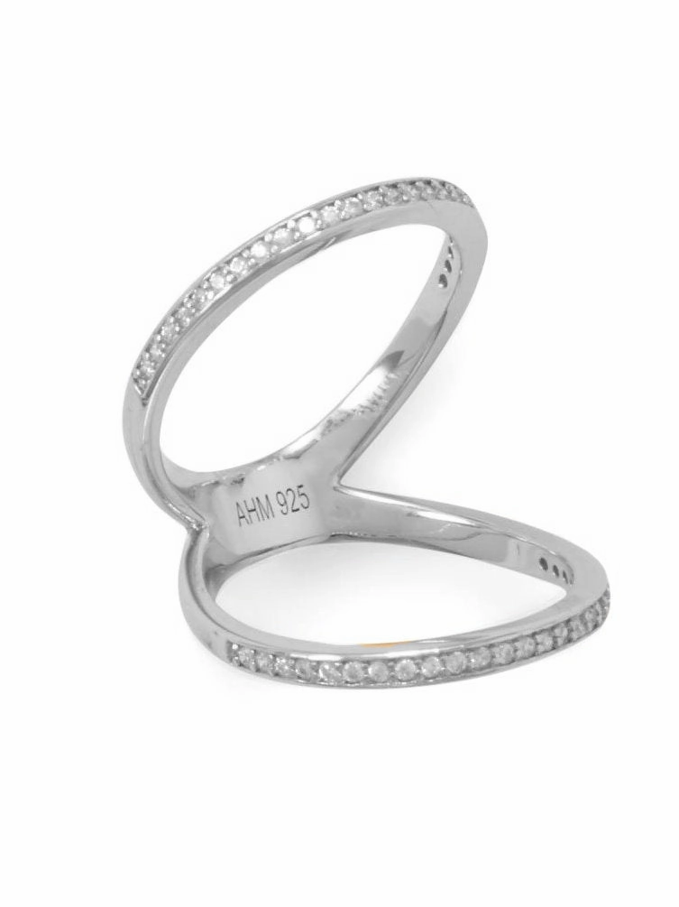 Beautiful Emblem Double Band Knuckle Ring Rhodium on Sterling Silver with Cubic Zirconia