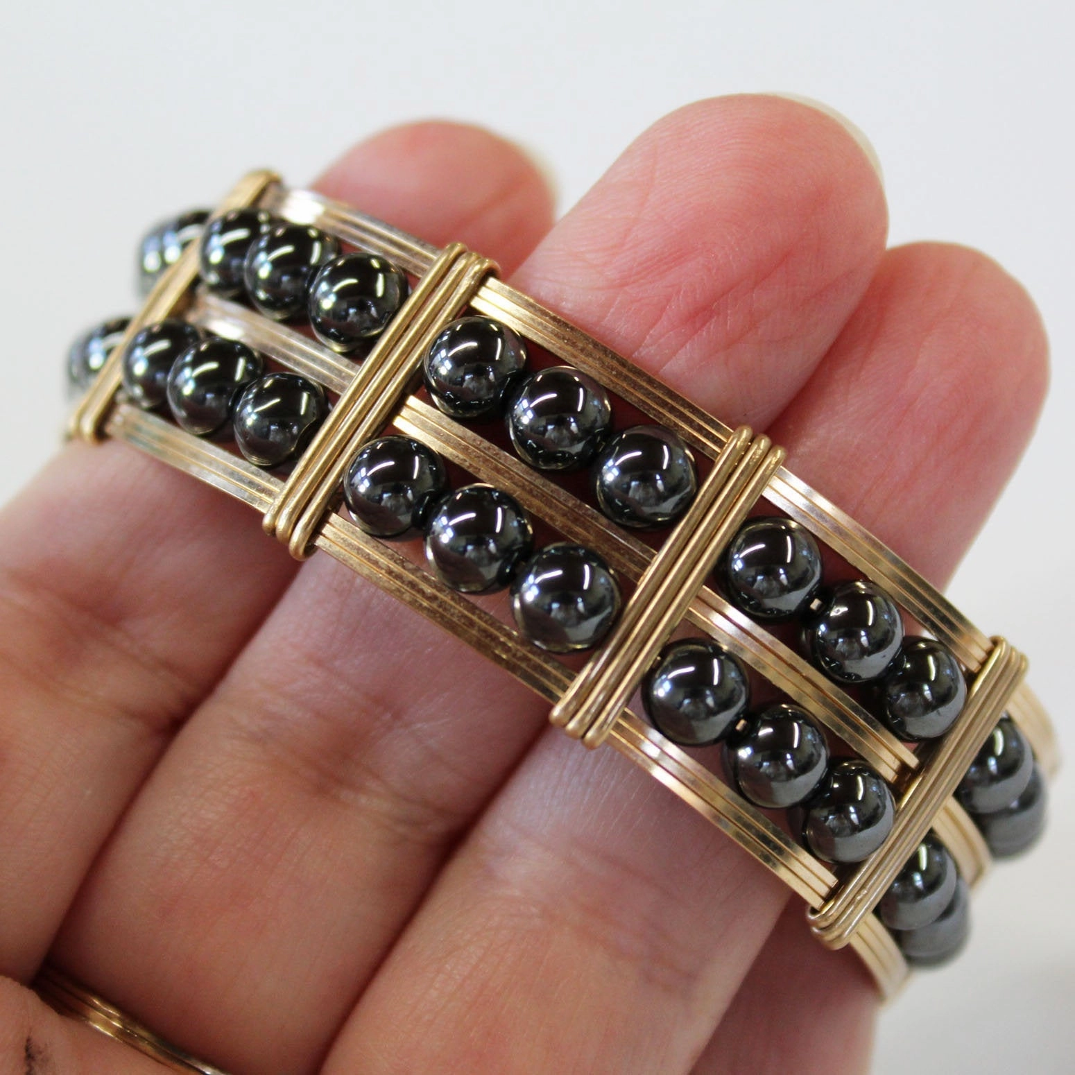 Double Row Hematite Beads Gold Filled Wire Wrapped Bracelet Subtle Sparkle