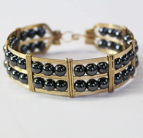 Double Row Hematite Beads Gold Filled Wire Wrapped Bracelet Mystical Perspective Friendship Token