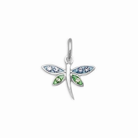 Dragonfly Charm Blue and Green with Crystals Sterling Silver Modern Spark Floral Mood