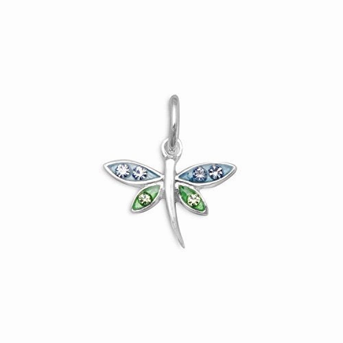 Dragonfly Charm Blue and Green with Crystals Sterling Silver Modern Spark Floral Mood