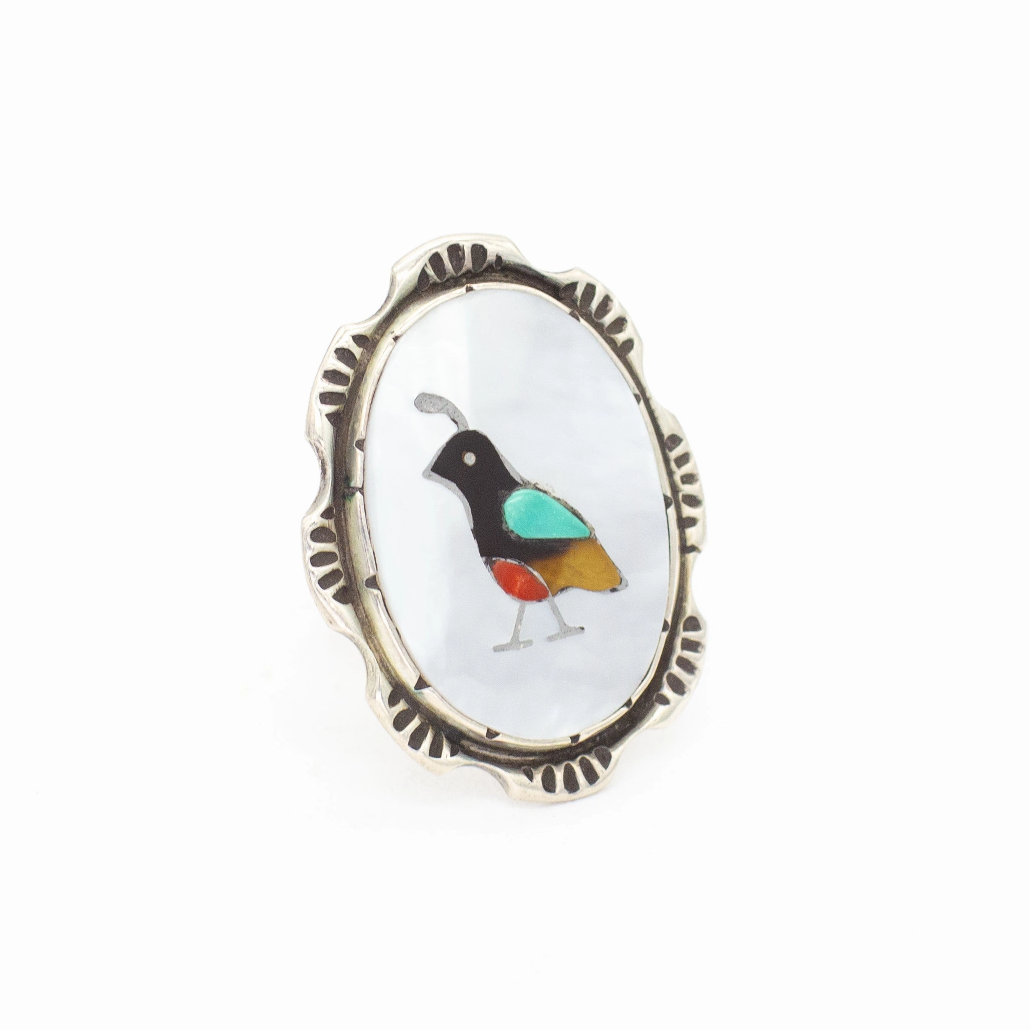 Ralph Quam Zuni Handmade Natural Turquoise Mediterranean Coral Ring Model Shot