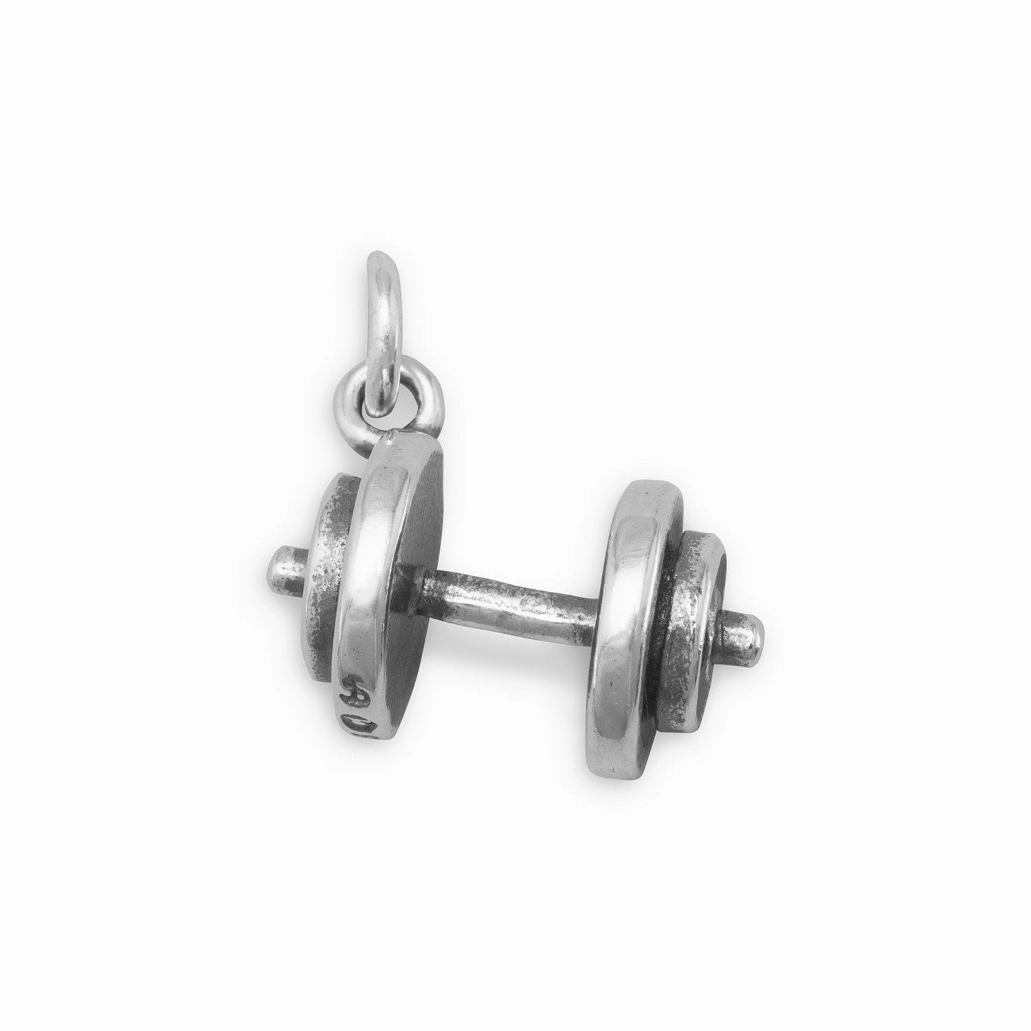 Dumbbell Weights Charm Antiqued Sterling Silver Perfect Fit Weekend Chic