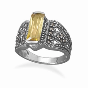 Yellow Cubic Zirconia  Antique Look Tapered Sterling Silver Bar Ring with Marcasite Hypoallergenic Statement
