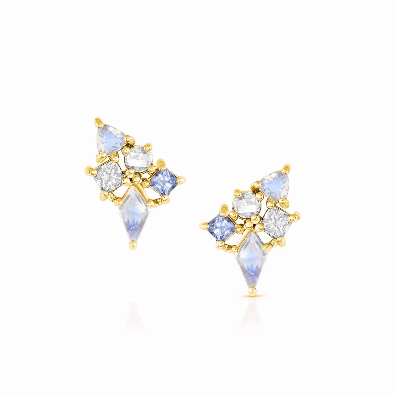 Rectangular Item Dusk Cluster Earrings - 18ky Gold, Iced Blue Spinels, Moonstones   Blue Sapphire