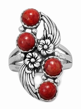 Dyed Red Coral Flower Design Ring Antiqued Sterling Silver Dashing Accessory Fashionable Ornament